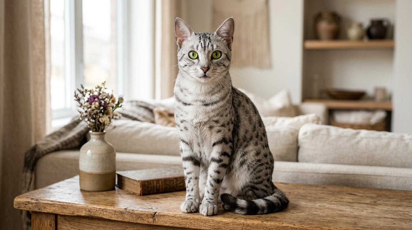 A silver-spotted Egyptian Mau cat with bright green eyes sitting alertly