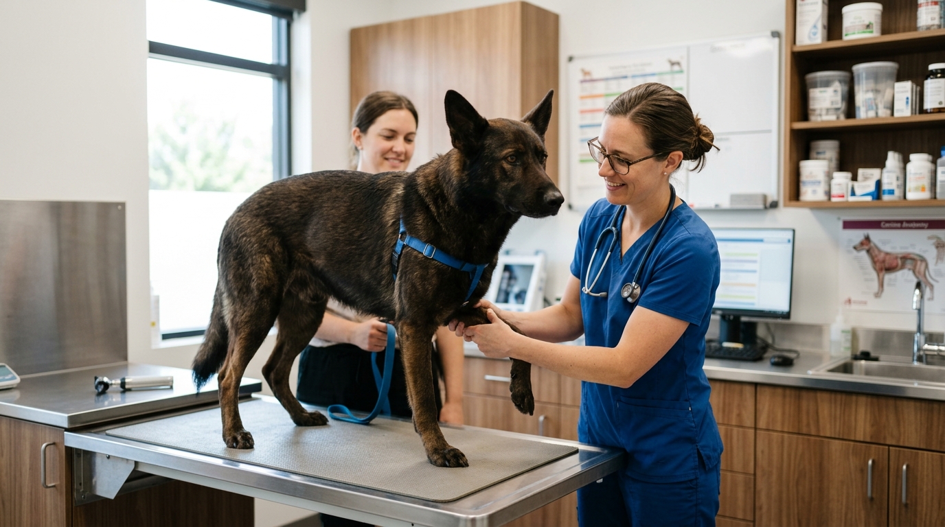 A veterinarian examining a large breed dog in a modern clinic