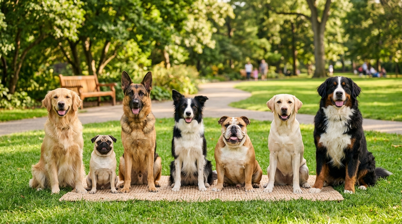 A diverse group of dog breeds sitting together, representing breed selection and lifestyle matching