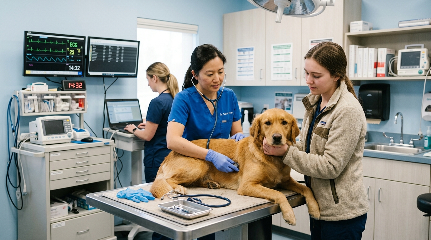 Veterinarian examining a dog in an emergency clinic exam room