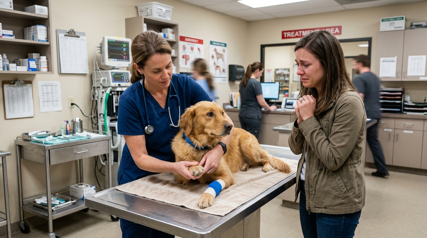 Veterinarian examining a dog in an emergency room with a worried owner nearby