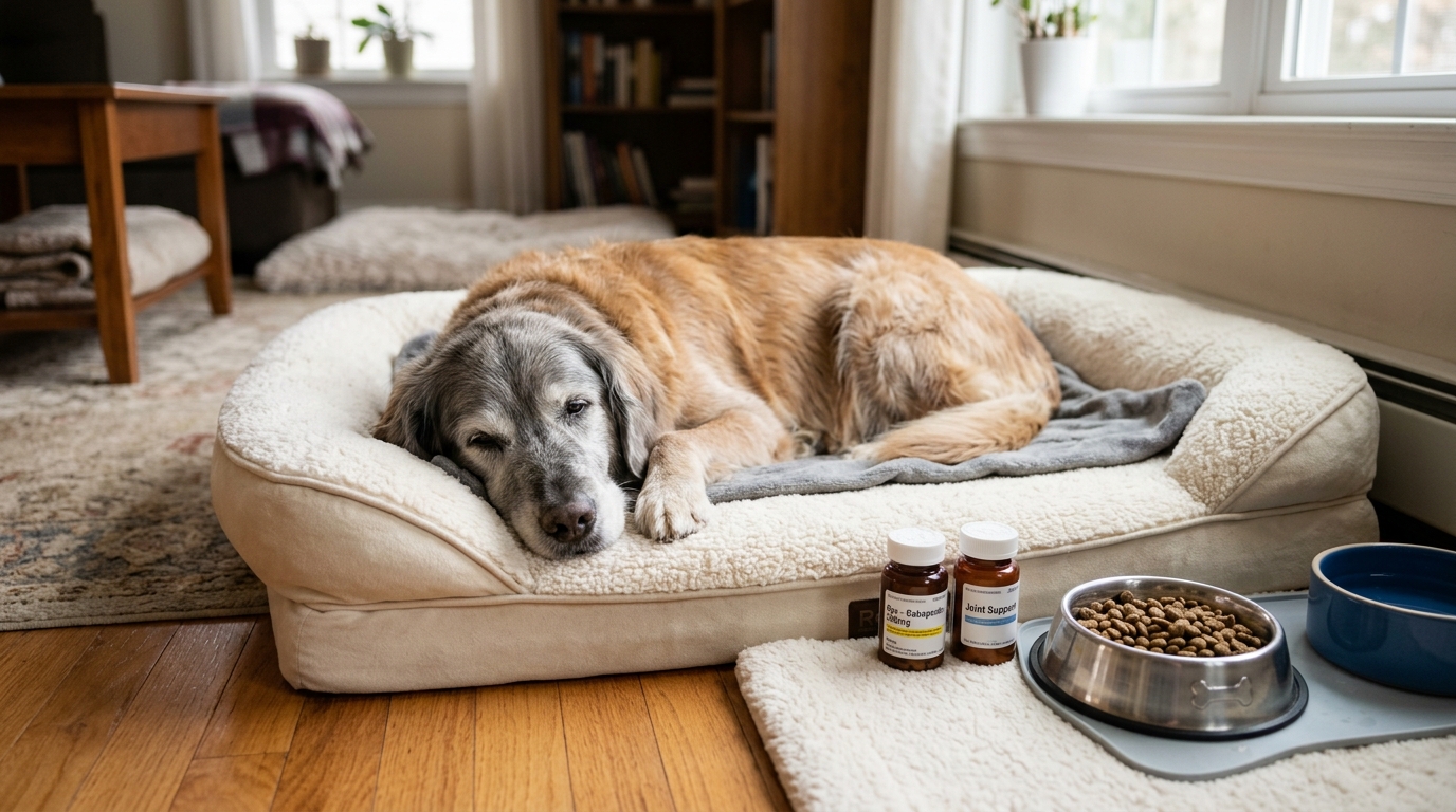 A senior golden retriever resting on a soft bed with medication bottles and a food bowl nearby