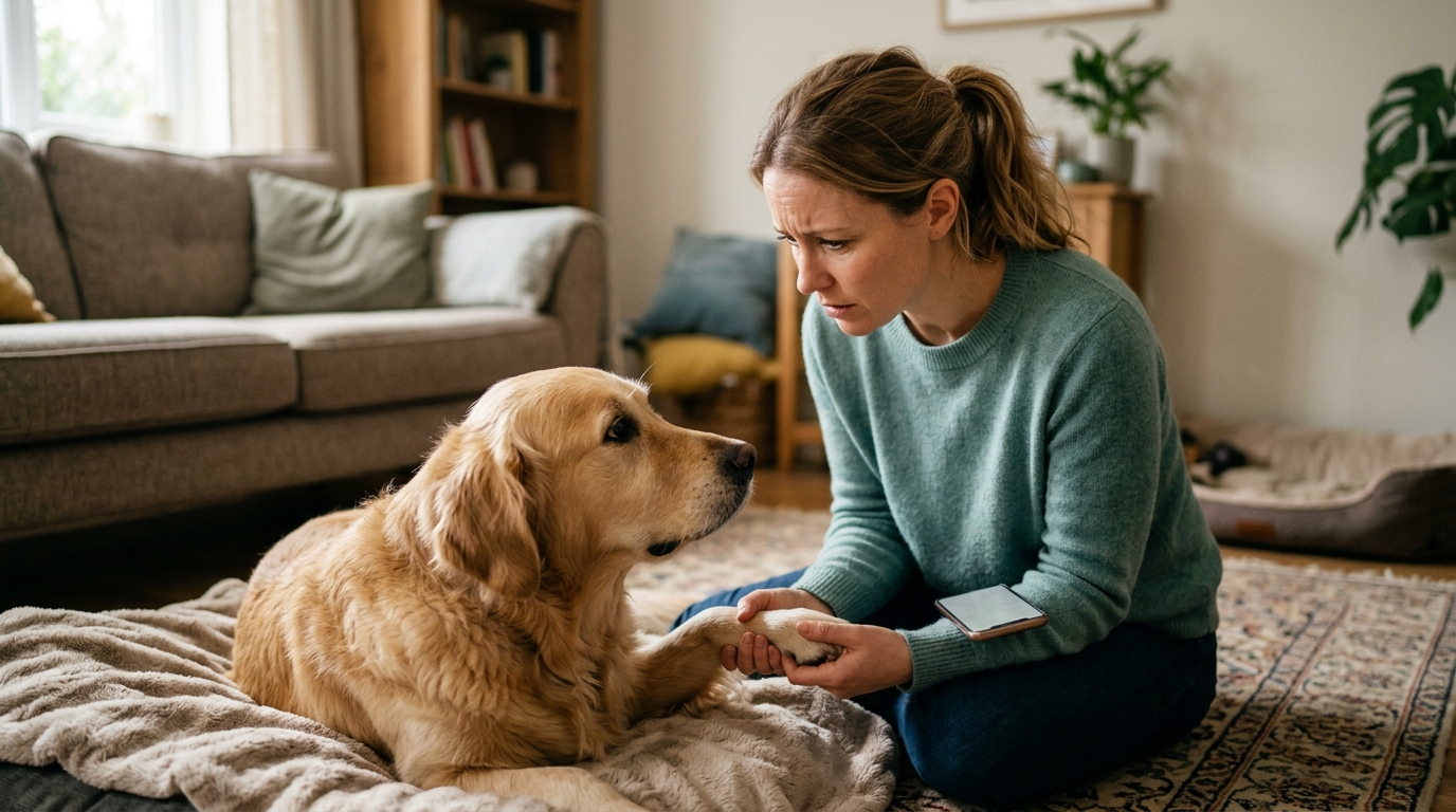A worried pet owner examining their dog at home, deciding whether to call the emergency vet
