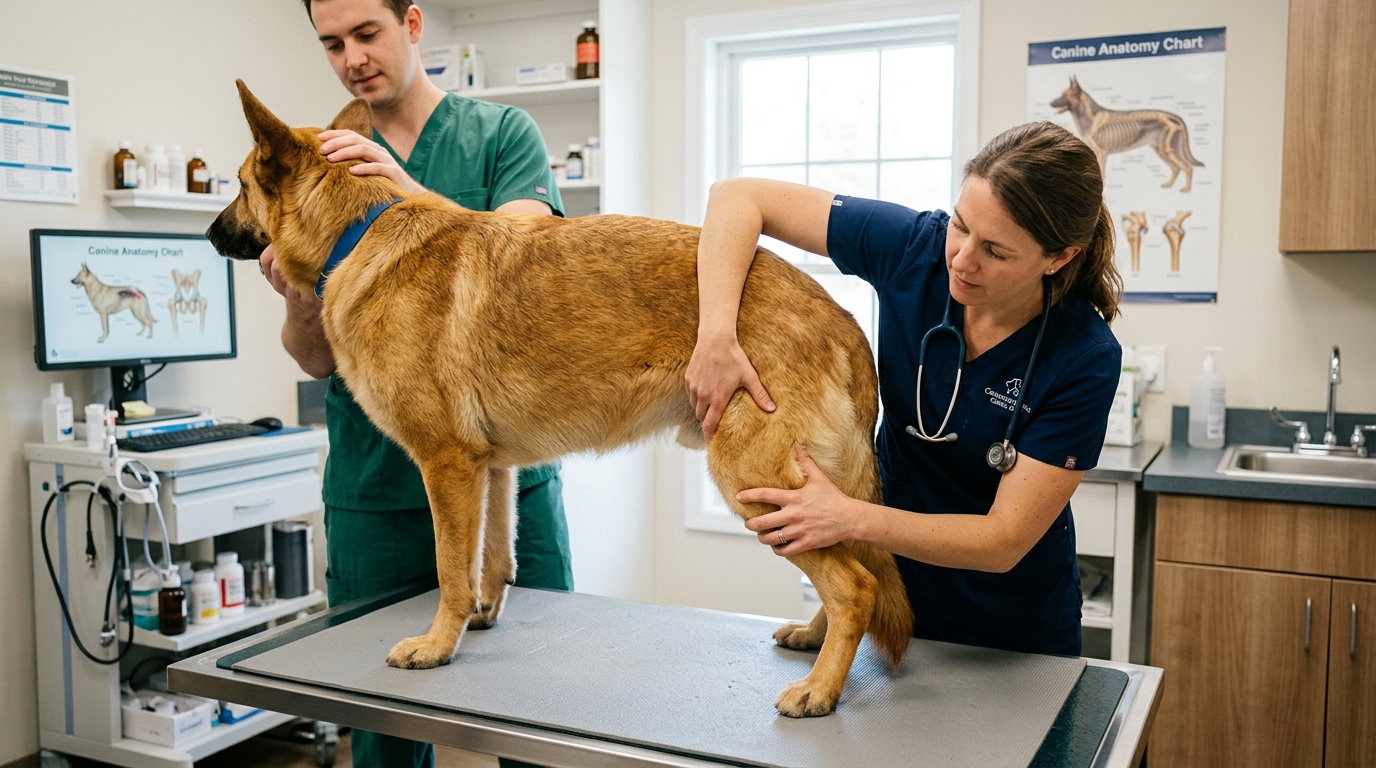 A large breed dog being examined by a veterinarian for hip joint mobility