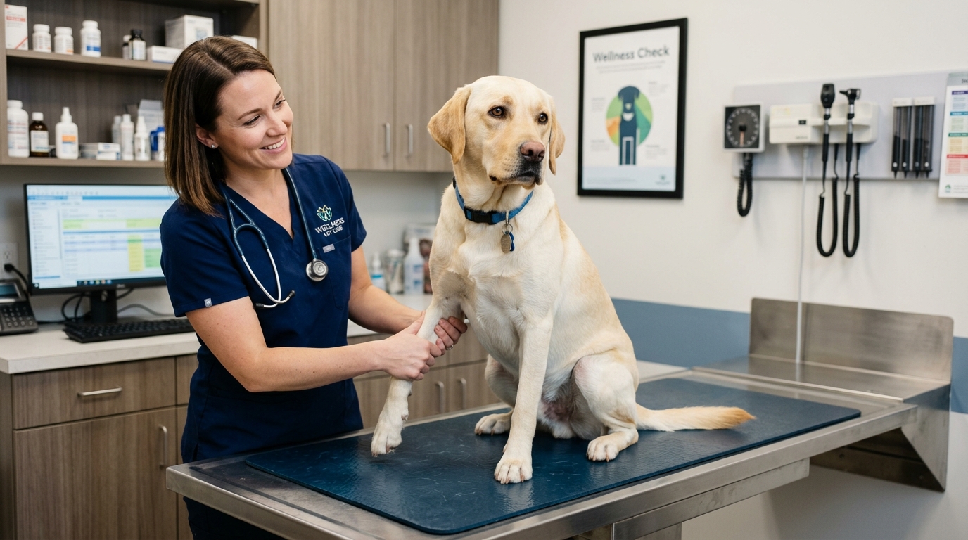 A healthy adult Labrador Retriever sitting on a vet exam table during a routine wellness check