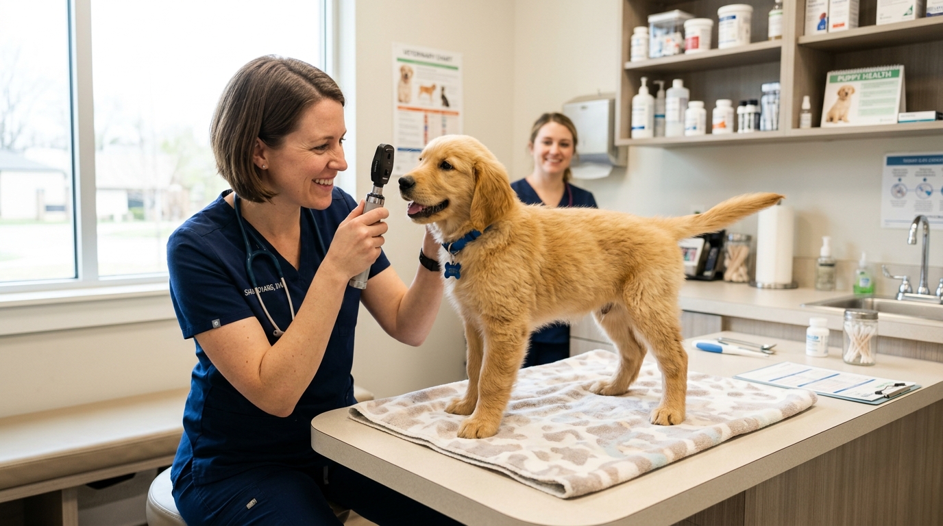 A veterinarian examining a Golden Retriever puppy during a wellness exam