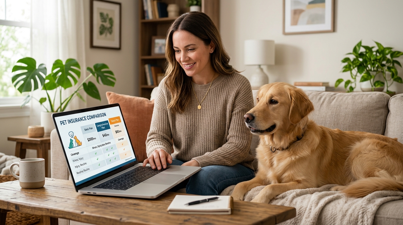 Pet owner comparing insurance plans on laptop with dog nearby