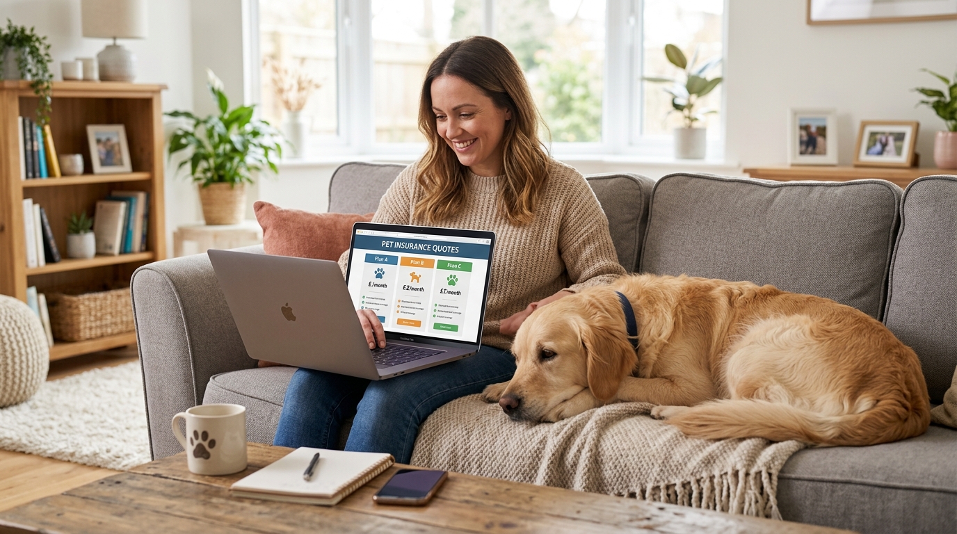 A pet owner using a laptop to compare pet insurance quotes with a dog resting nearby