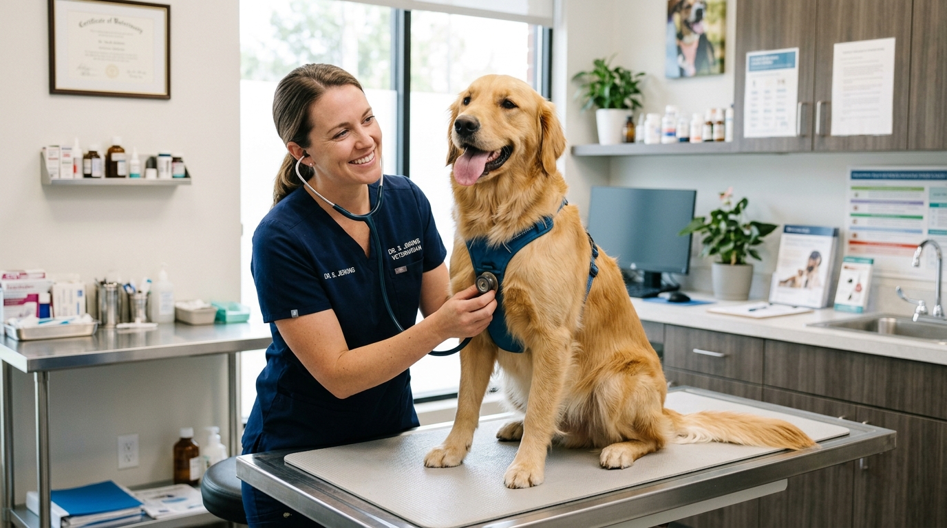 A veterinarian examining a happy golden retriever during a routine wellness check
