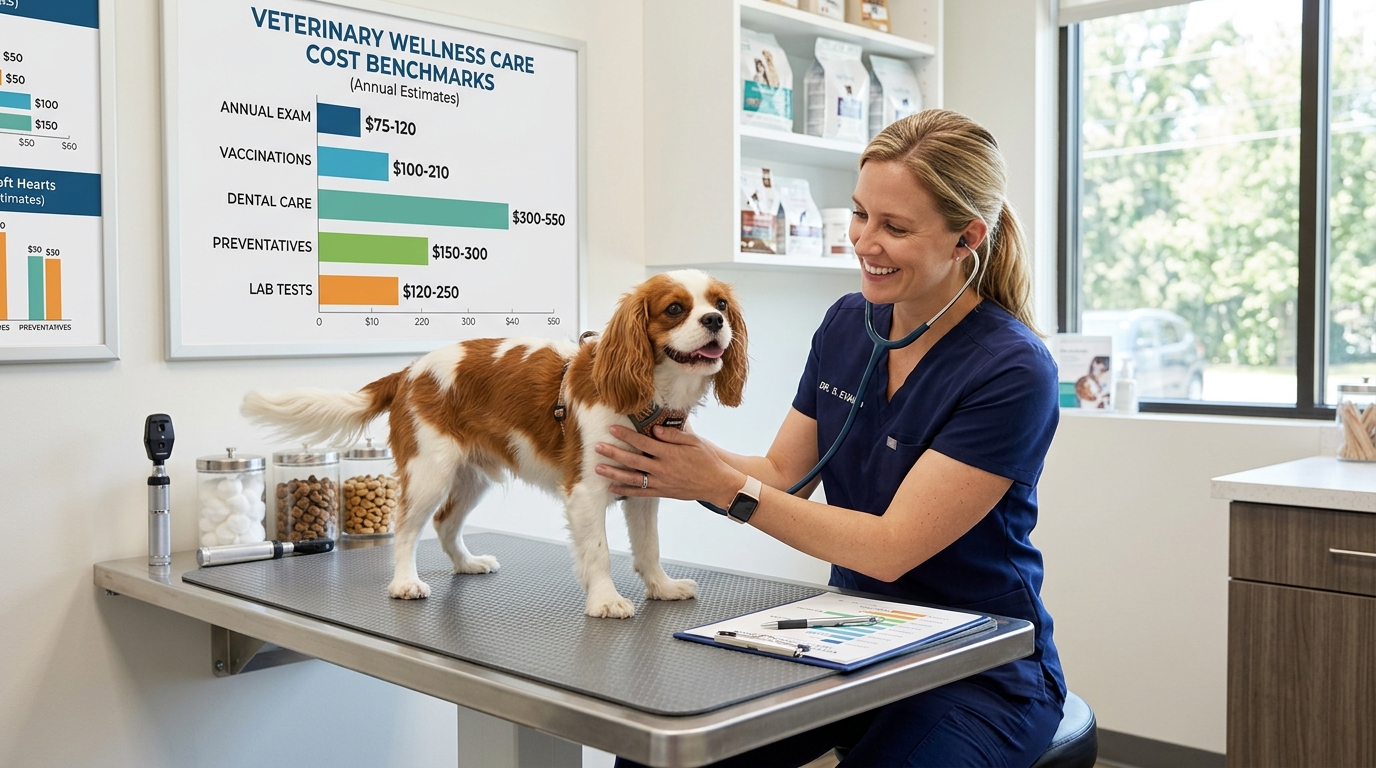 Veterinarian examining a small dog during a wellness visit, with cost benchmark charts visible