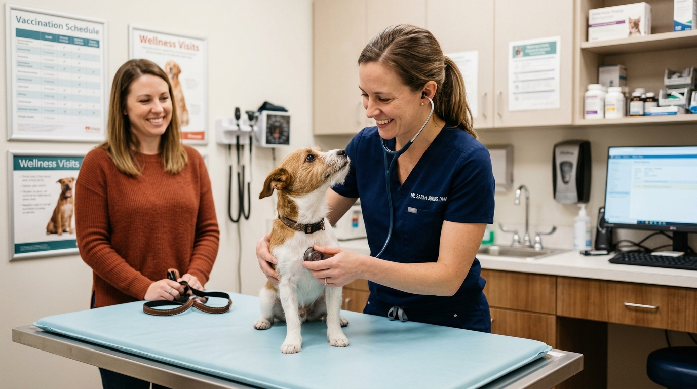 A veterinarian examining a small dog during a routine wellness visit