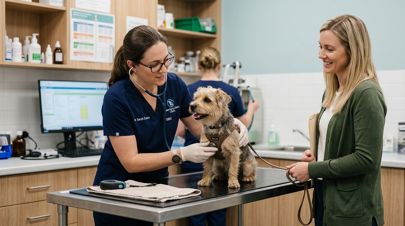 A veterinarian examining a small dog on a clinic table while a pet owner looks on